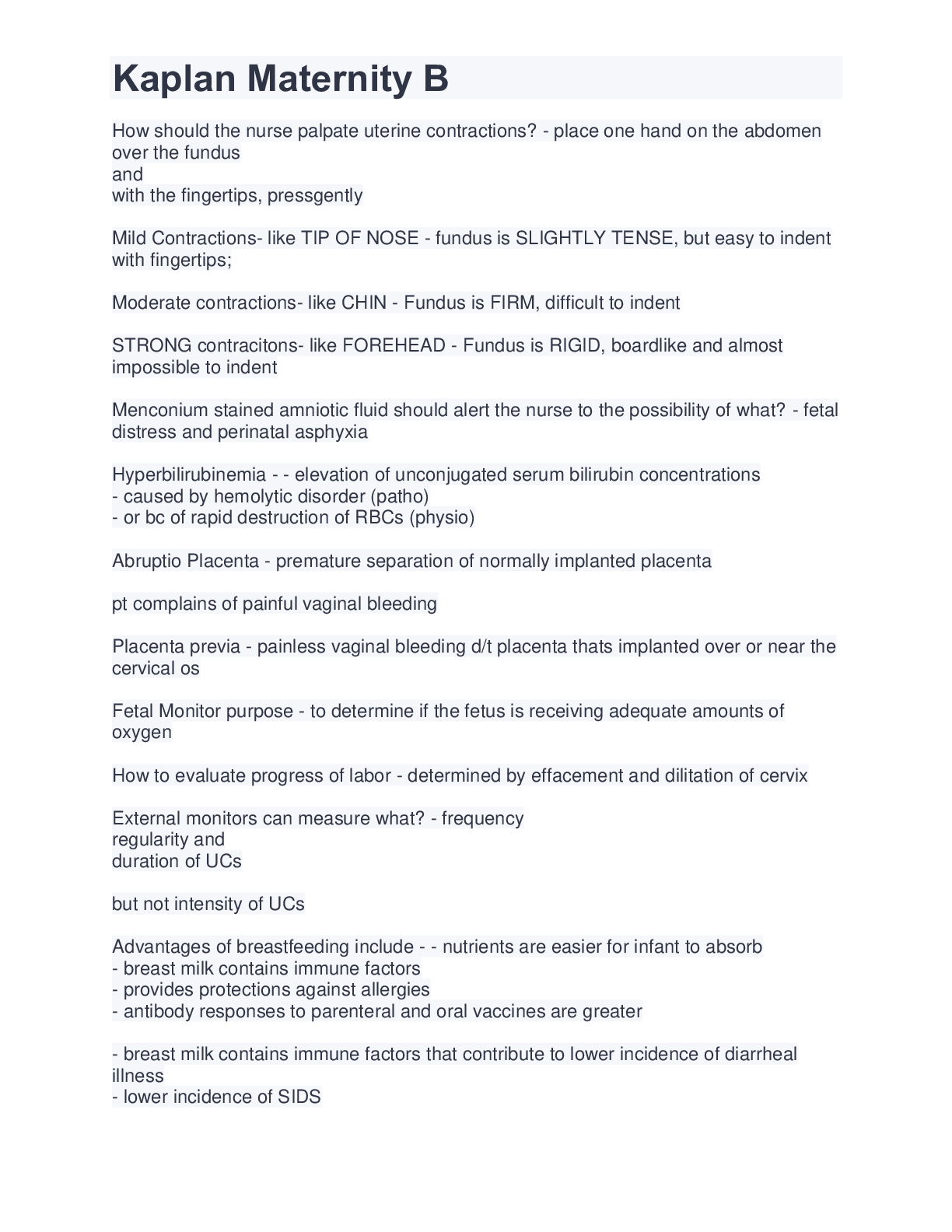 Kaplan Maternity B STUDY GUIDE Browsegrades